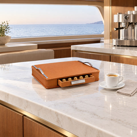 Leather Coffee Capsule Box – Large — first coffee in the owner's galley at dawn