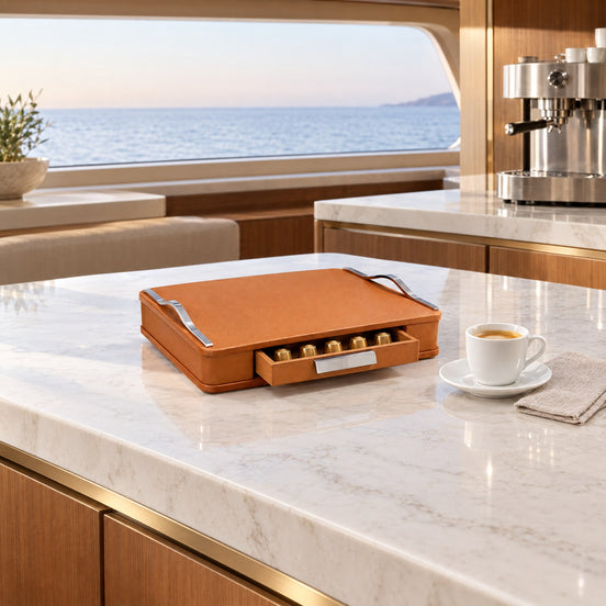 Leather Coffee Capsule Box – Large — first coffee in the owner's galley at dawn