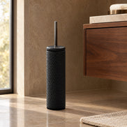 Leather-Covered Stainless Steel Toilet Brush, black — master head with a floating walnut vanity