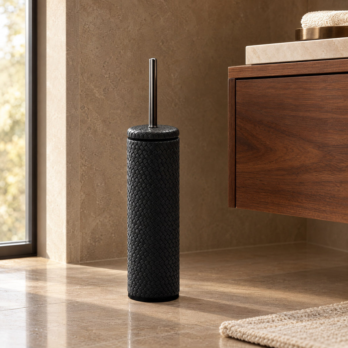 Leather-Covered Stainless Steel Toilet Brush, black — master head with a floating walnut vanity