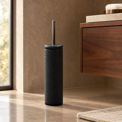 Leather-Covered Stainless Steel Toilet Brush, black — master head with a floating walnut vanity
