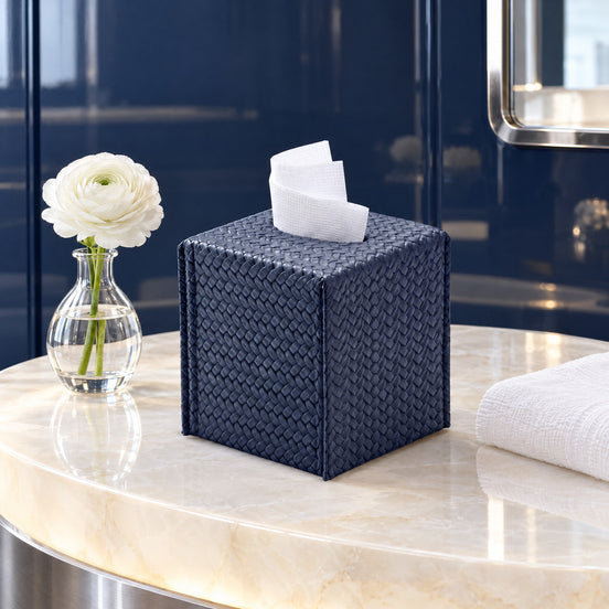 Compact Upright Leather Tissue Box Cover – 11.5 cm — the powder room off the main-deck lobby at midday