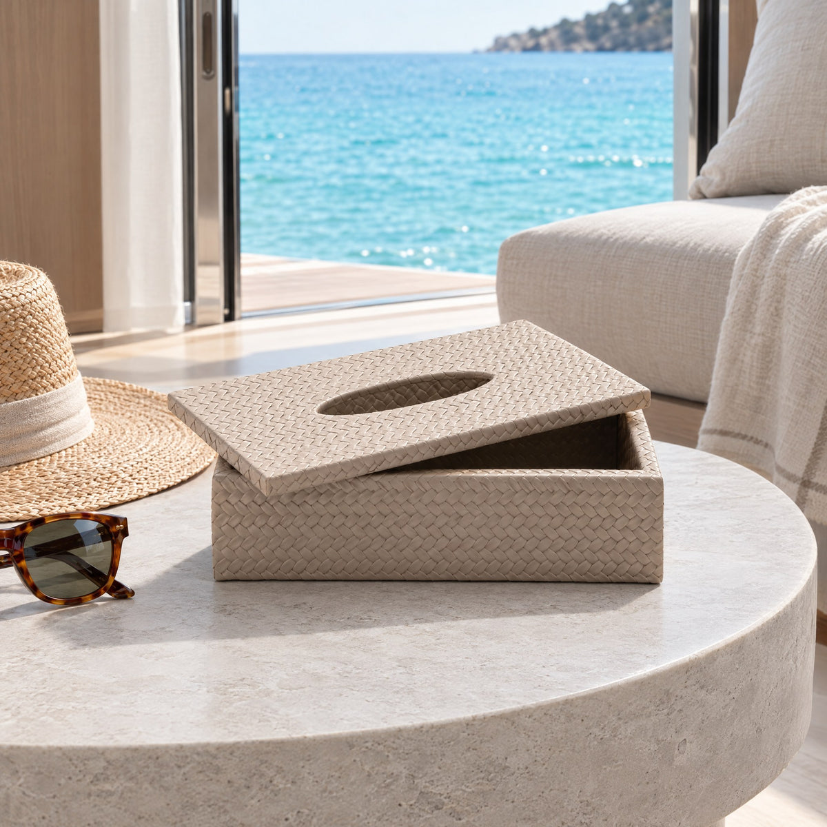 Rectangular Woven Leather Tissue Box Cover – 25 cm — the beach club at water level on a bright morning