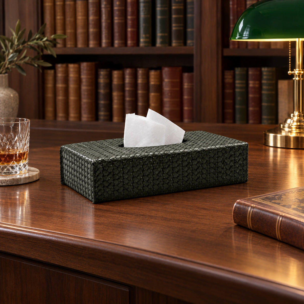Slim Rectangular Leather Tissue Box Cover – 24 cm — late evening in the sky-lounge library
