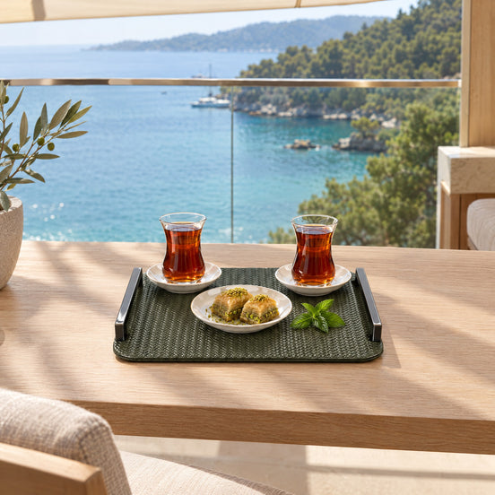 Leather Tray with Black Steel Handles – 42 cm — Turkish tea on the fold-down balcony of the owner's suite