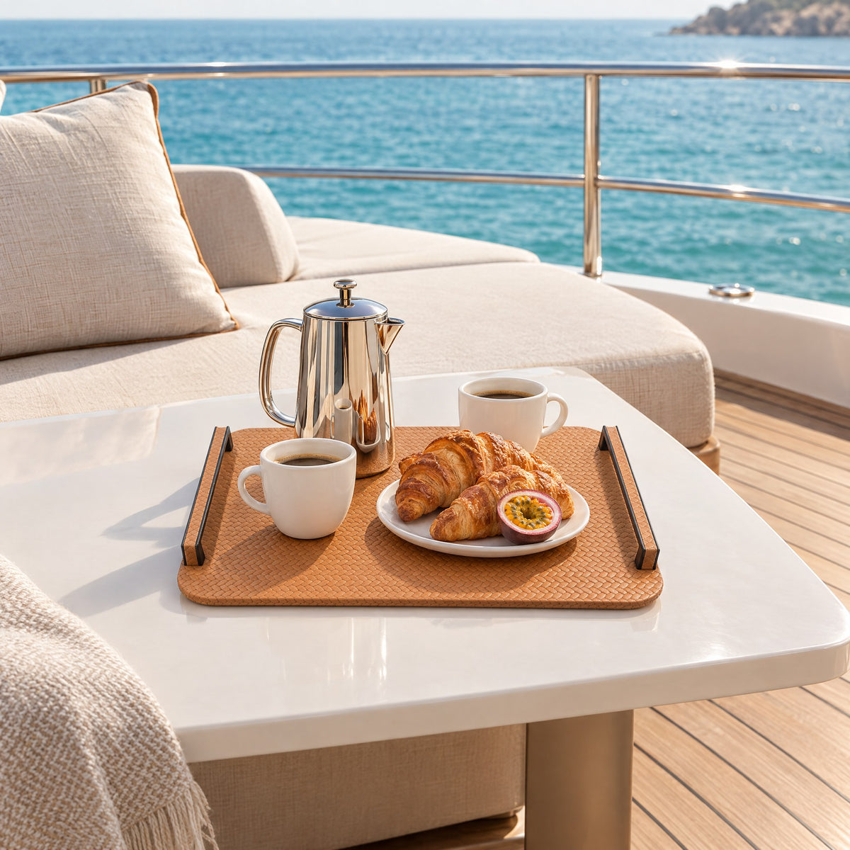 Leather Tray with Black Steel Handles – 48 cm — breakfast on the foredeck lounge at anchor