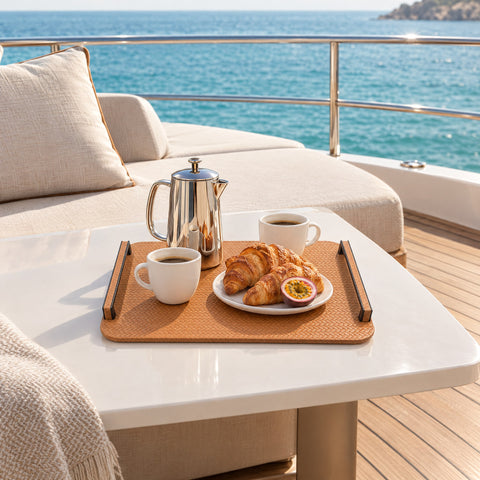 Leather Tray with Black Steel Handles – 48 cm — breakfast on the foredeck lounge at anchor