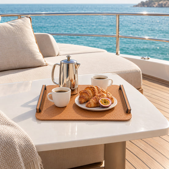 Leather Tray with Black Steel Handles – 48 cm — breakfast on the foredeck lounge at anchor