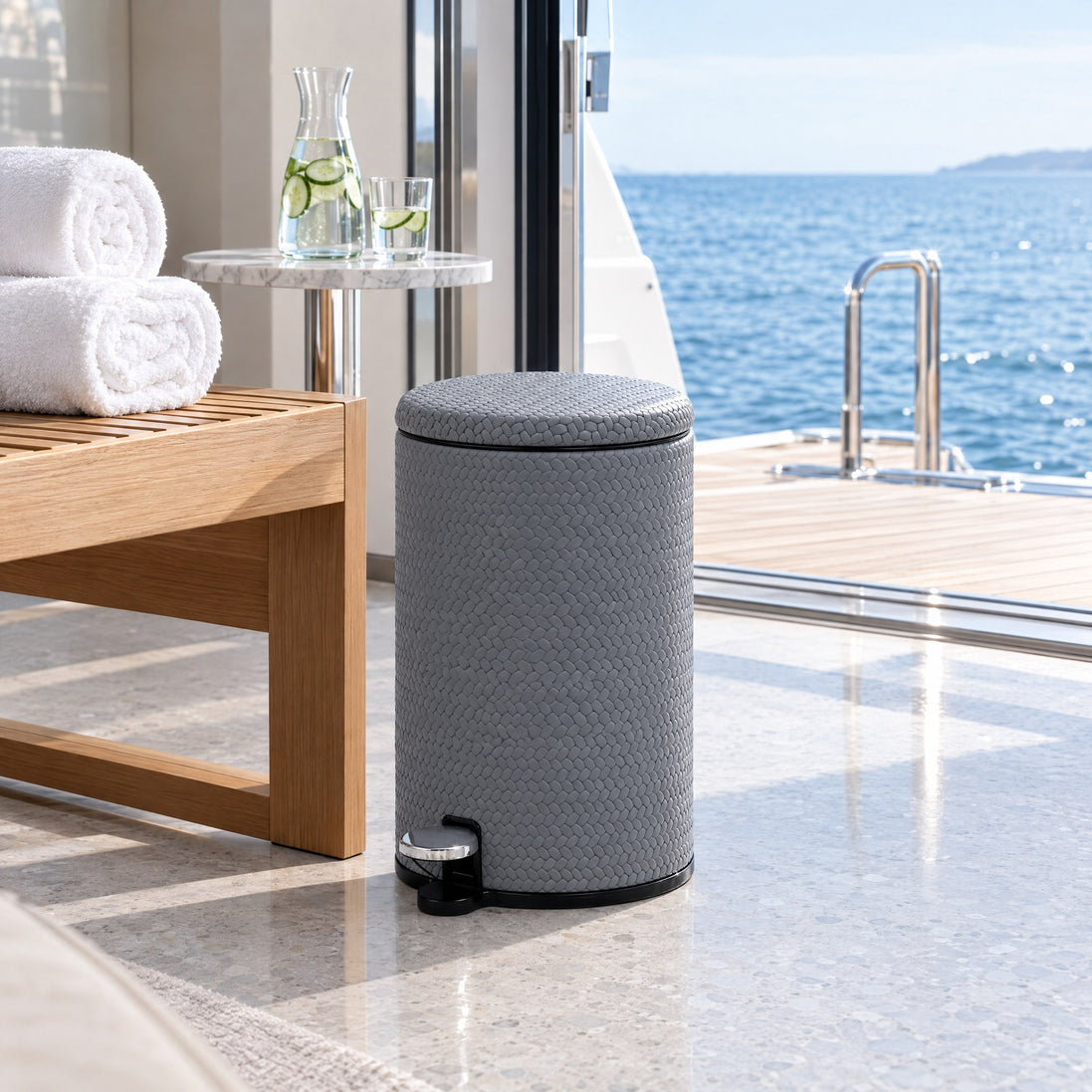Leather-Covered Stainless Steel Waste Bin – 6 Litre — the spa and gym deck of a superyacht