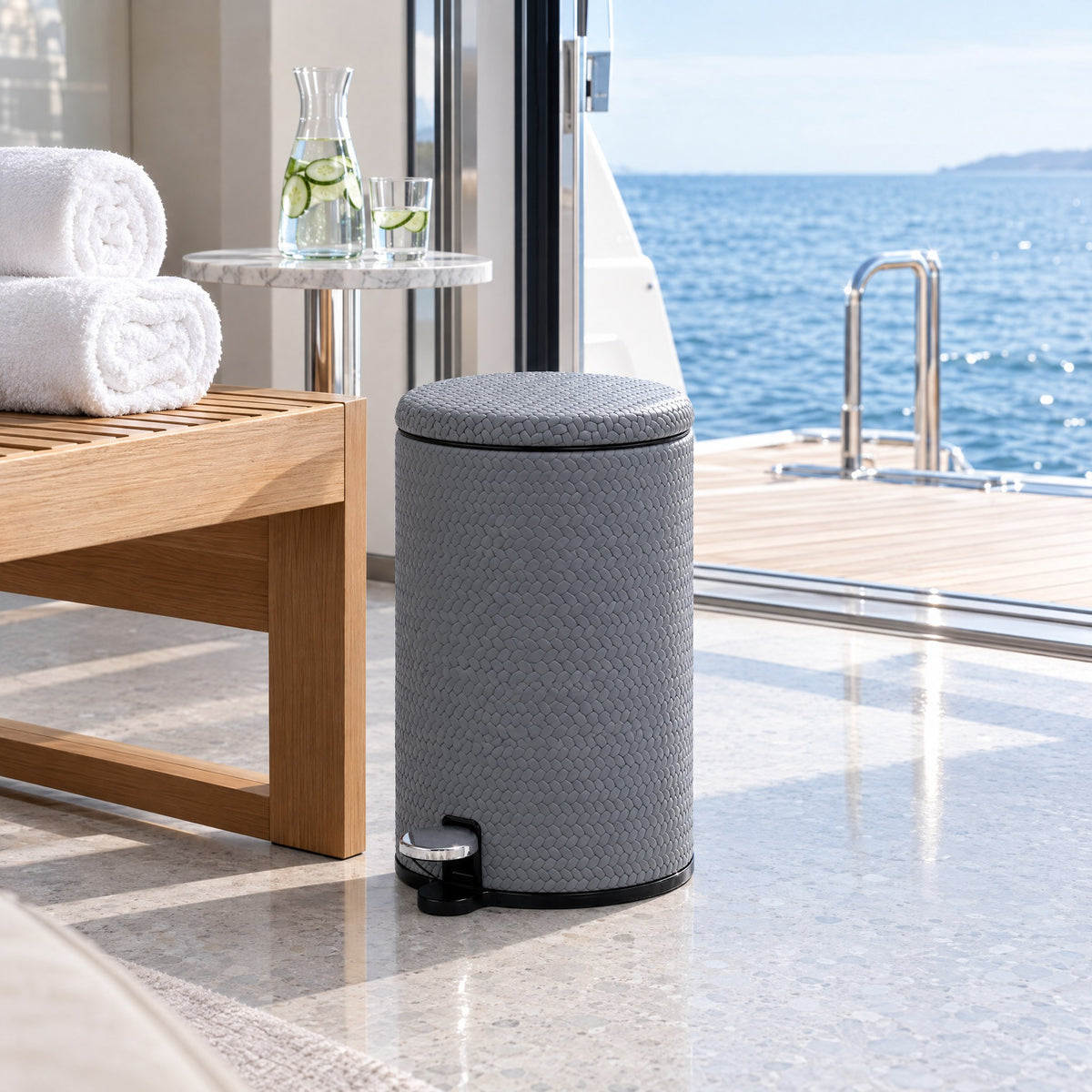 Leather-Covered Stainless Steel Waste Bin – 6 Litre — the spa and gym deck of a superyacht