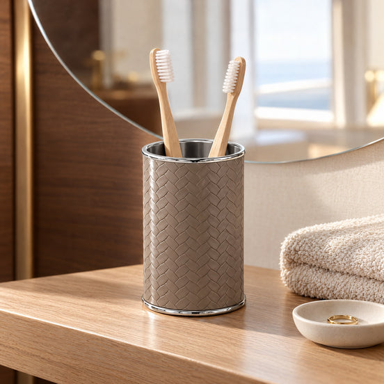 Leather-Wrapped Bathroom Brush Holder — morning routine at the owner's vanity