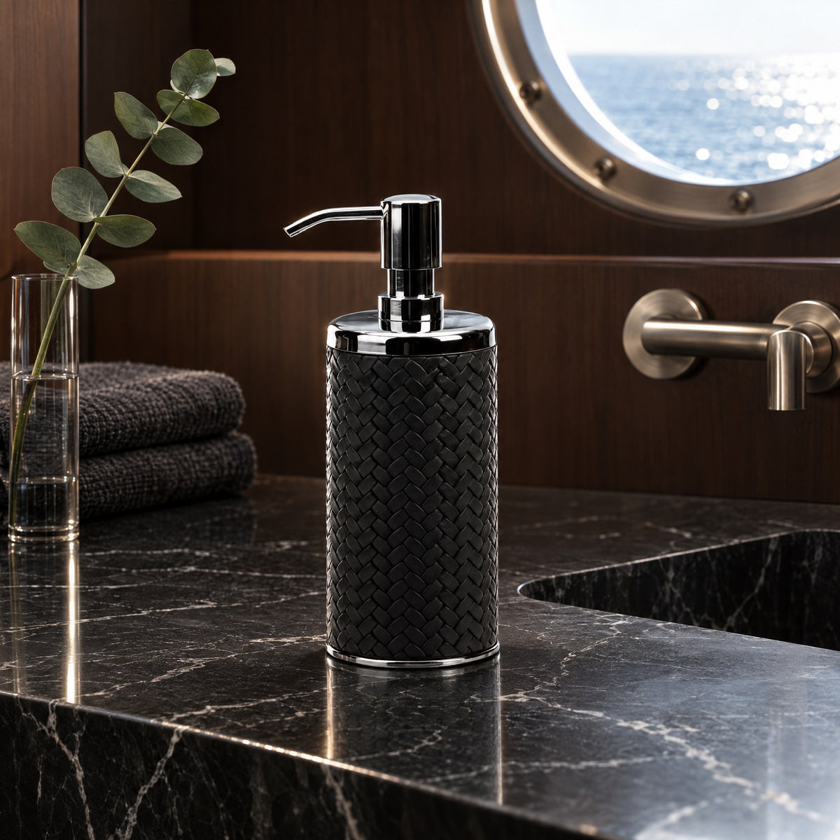 Leather-Wrapped Liquid Soap Dispenser — a guest head with a bold, dark mood