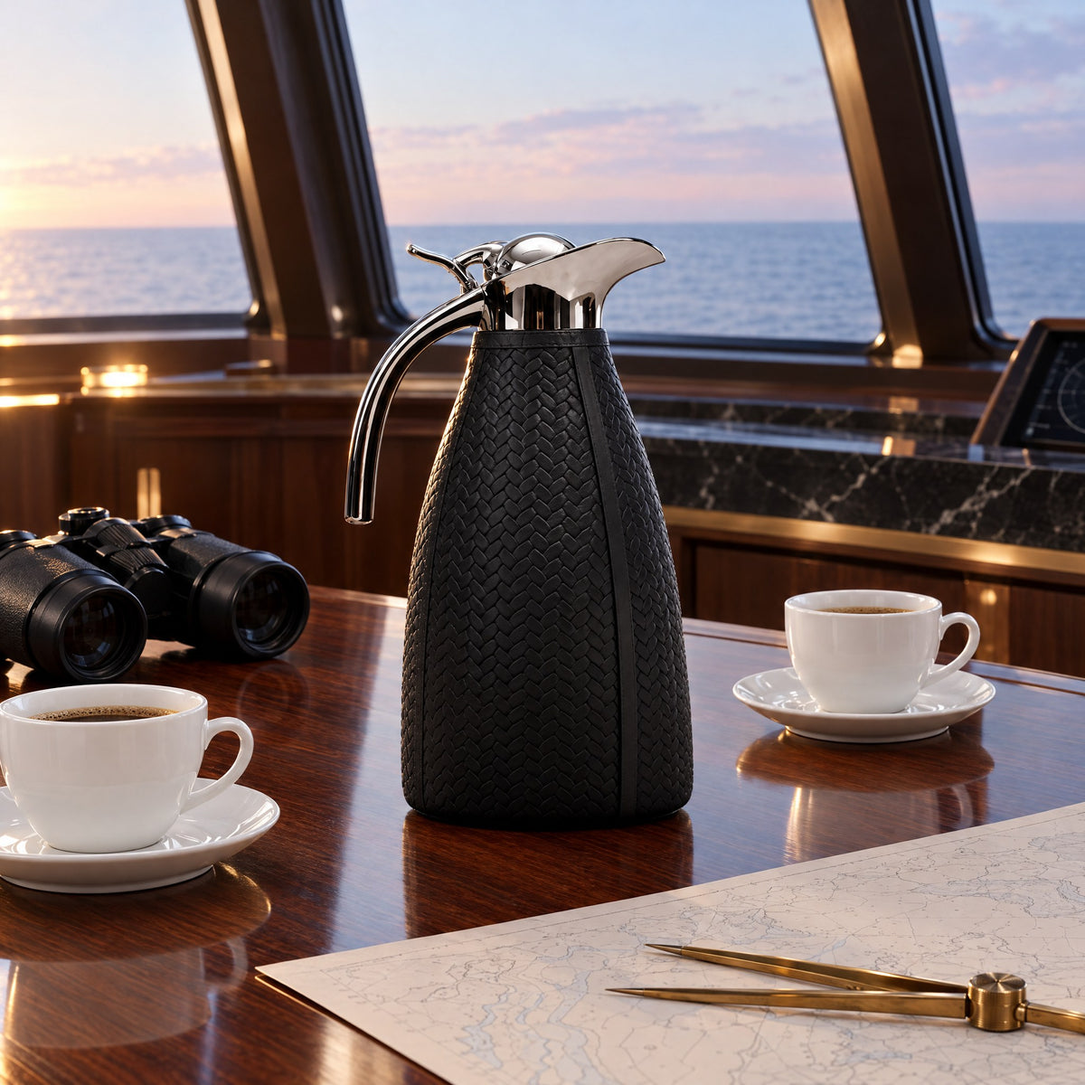 Leather-Wrapped Stainless Steel Thermos – 1.5 Litre — dawn departure on the bridge deck