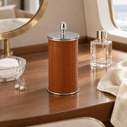 Lidded Cotton Pad Holder – Leather and Steel — late morning at the dressing table in the VIP cabin