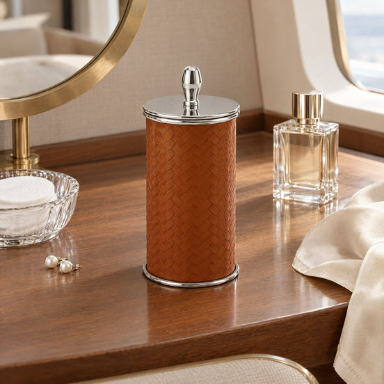 Lidded Cotton Pad Holder – Leather and Steel — late morning at the dressing table in the VIP cabin