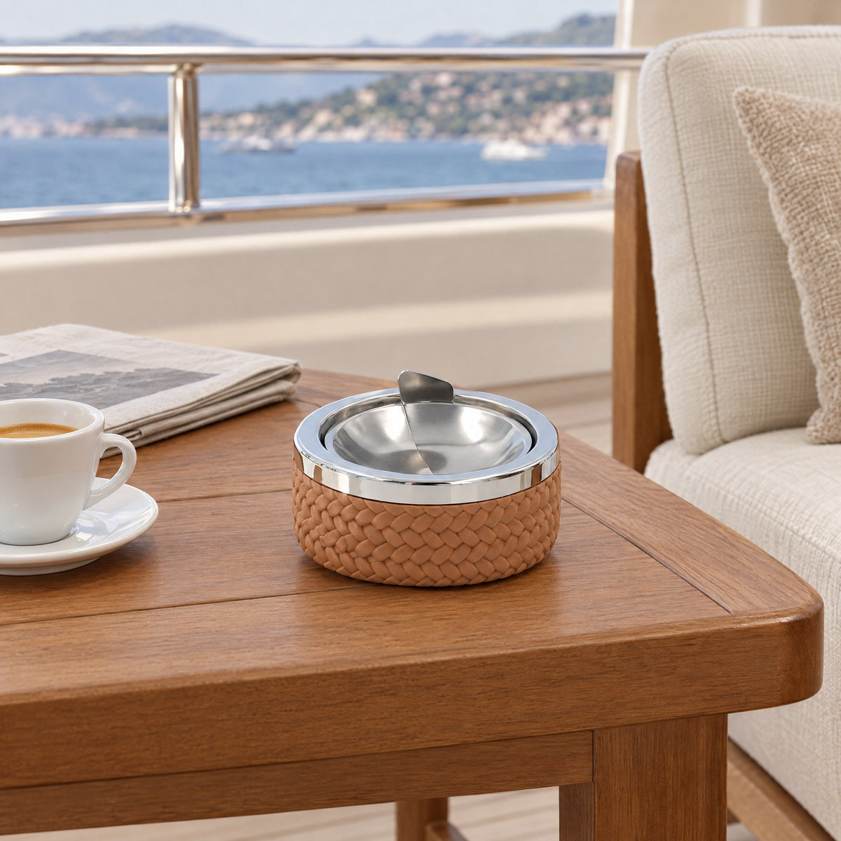 Lidded Leather and Steel Ashtray – 11.5 cm — late morning on the covered upper aft deck