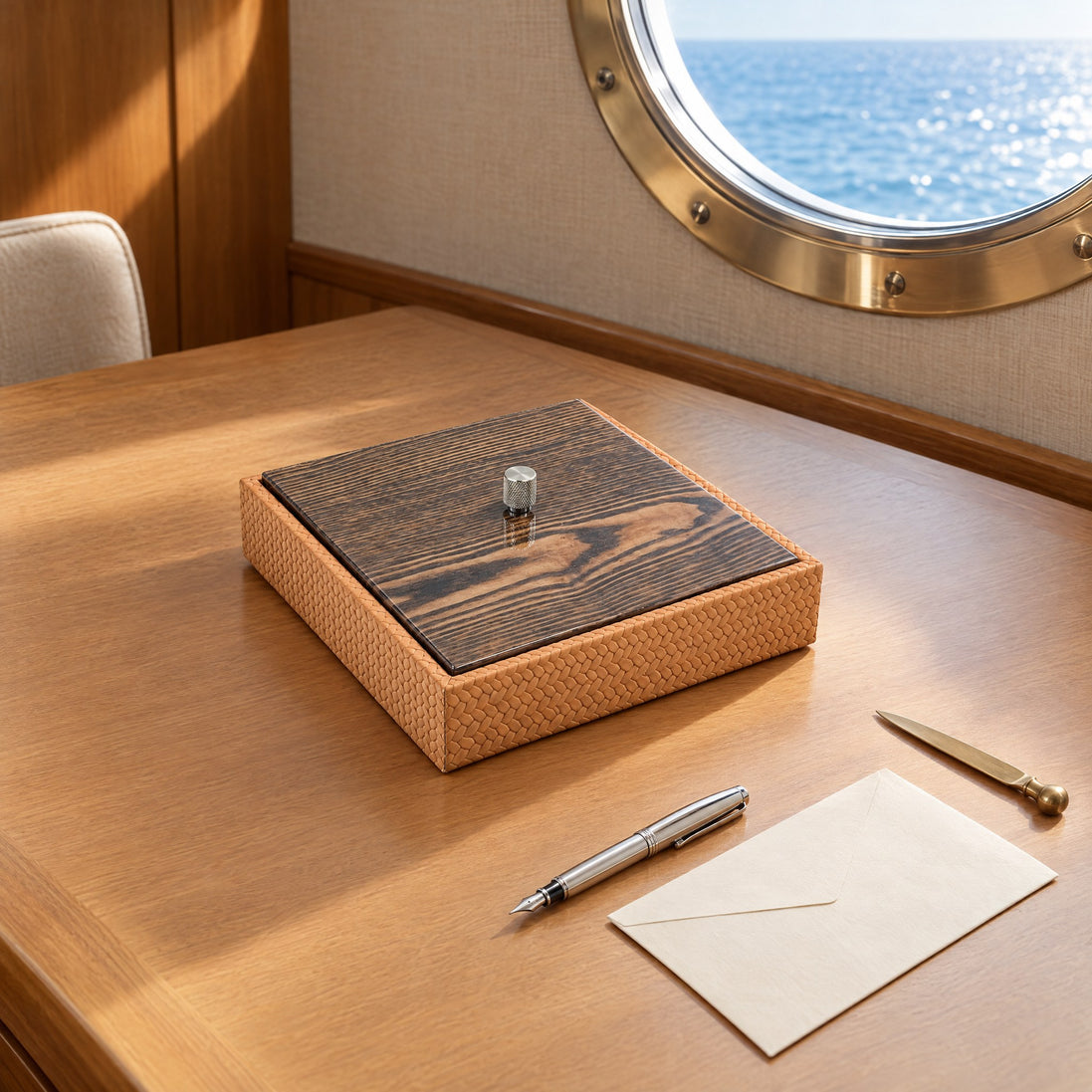 Square Leather Box with Mahogany Lid — letter writing in a guest cabin at mid-morning