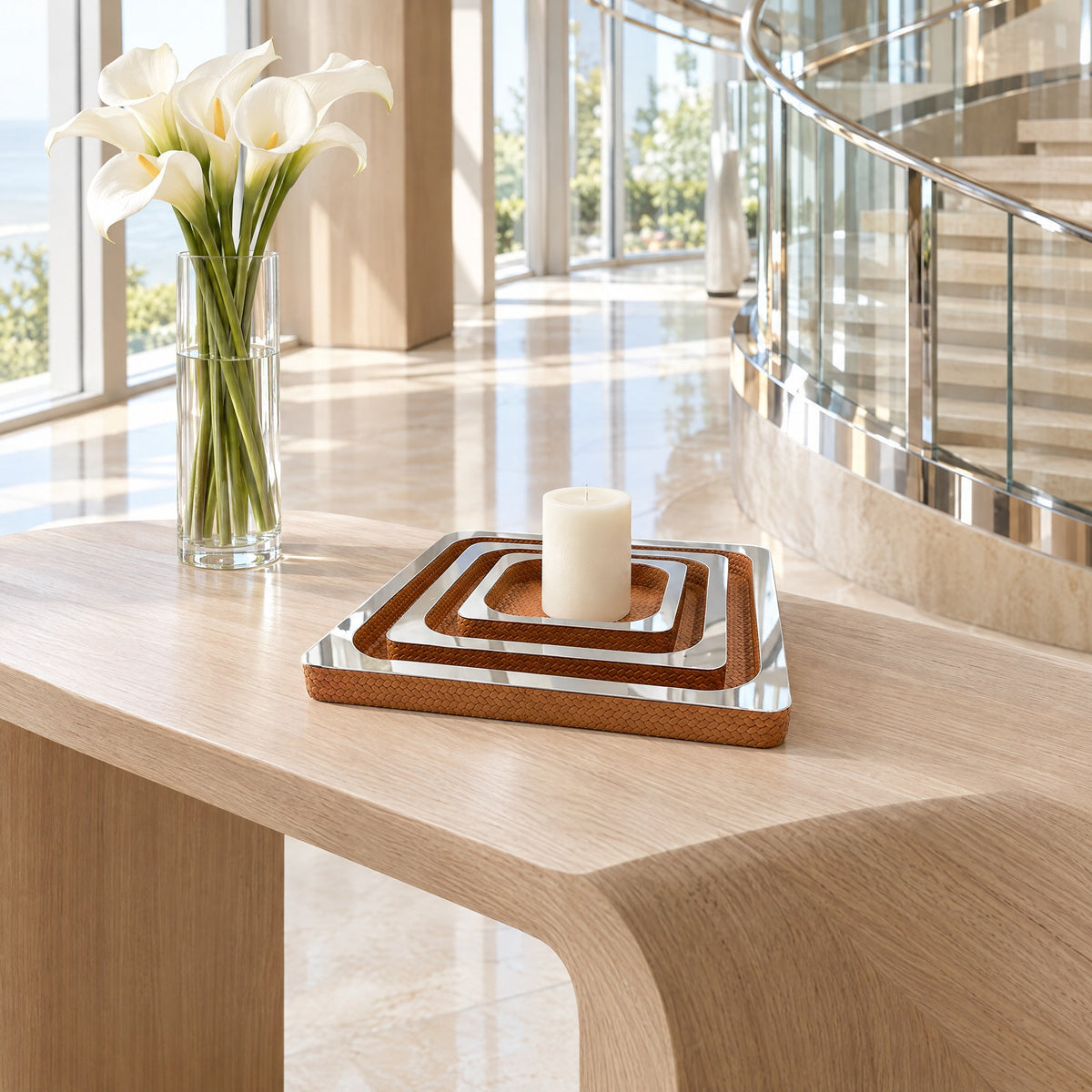 Mirror-Top Nesting Leather Tray Set – Set of 3 — late morning in the main-deck lobby
