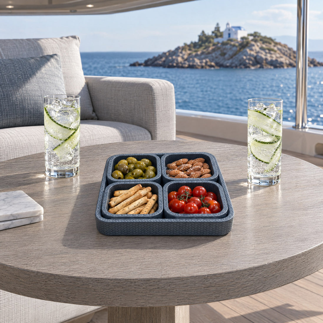 Modular Leather Tray Set – One Large, Four Inset — late-afternoon aperitivo on the sun deck