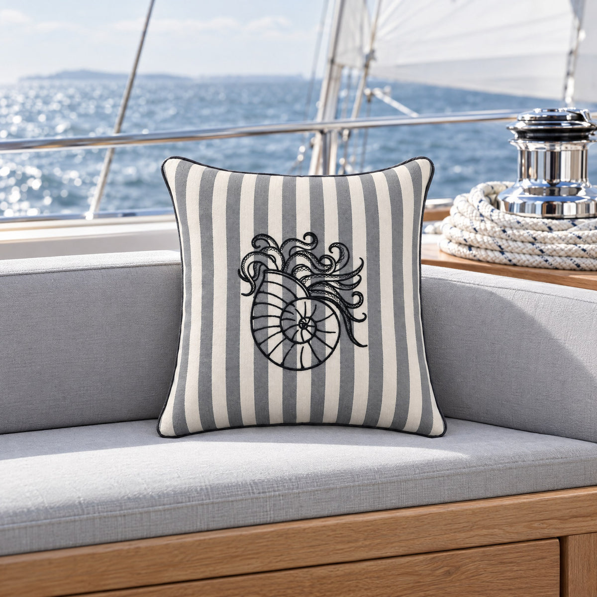 Nautical Embroidered Outdoor Cushion – Grey Stripe, nautilus design — the cockpit of a classic sailing yacht under way
