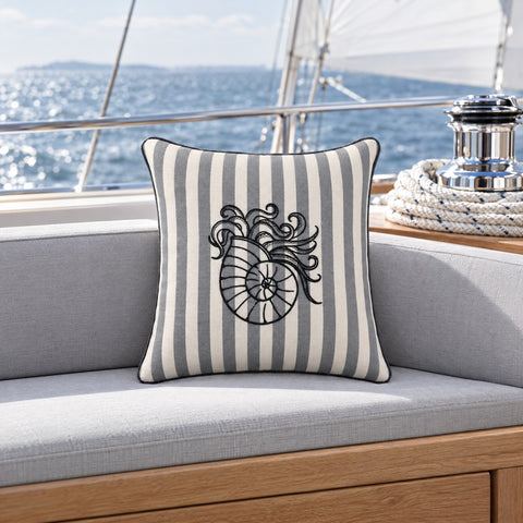 Nautical Embroidered Outdoor Cushion – Grey Stripe, nautilus design — the cockpit of a classic sailing yacht under way