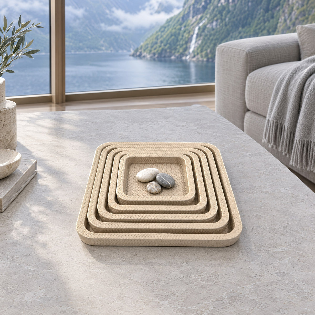 Square Nesting Leather Tray Set – Set of 5 — a cool, bright morning in a Norwegian fjord