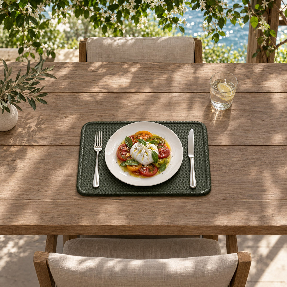 Rectangular Full-Grain Leather Placemat – Large — lunch under the pergola of the upper-deck dining terrace