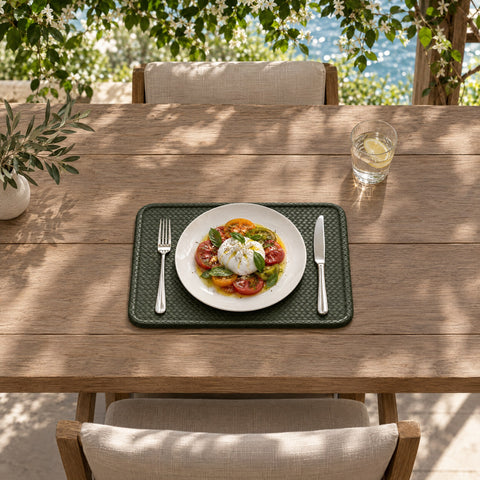 Rectangular Full-Grain Leather Placemat – Large — lunch under the pergola of the upper-deck dining terrace