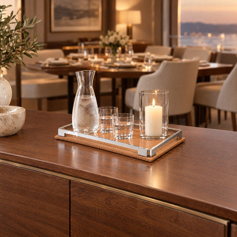 Rectangular Leather and Steel Tray – 30 cm — just before dinner in the dining salon