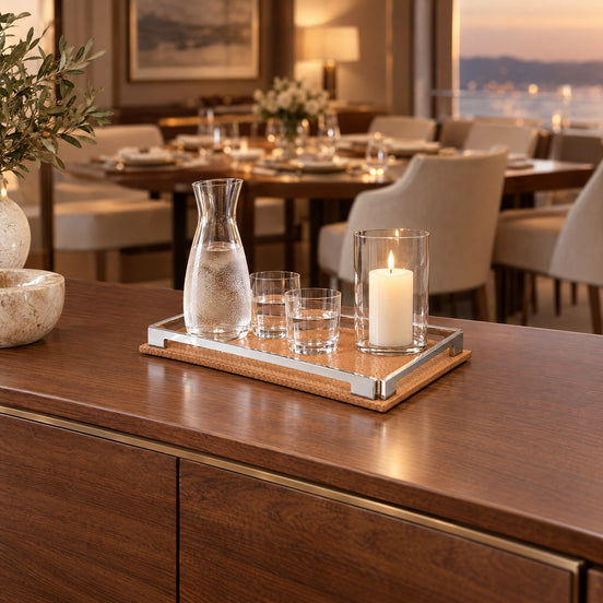 Rectangular Leather and Steel Tray – 30 cm — just before dinner in the dining salon