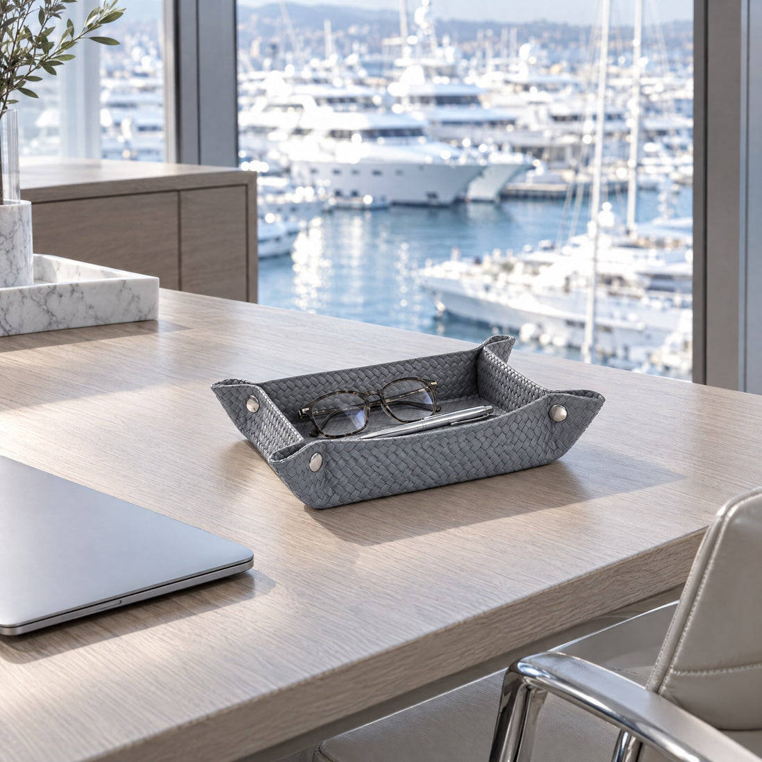Rectangular Woven Leather Valet Tray – 32 cm, grey — the owner's office on the bridge deck