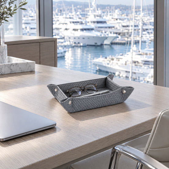 Rectangular Woven Leather Valet Tray – 32 cm, grey — the owner's office on the bridge deck