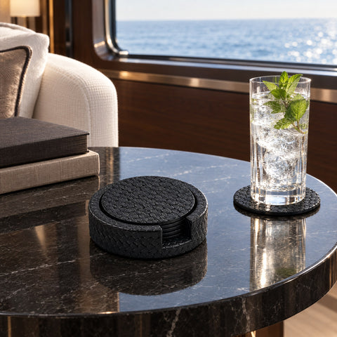 Round Woven Leather Coasters – Set of 4 — the owner's cabin on a superyacht in the morning