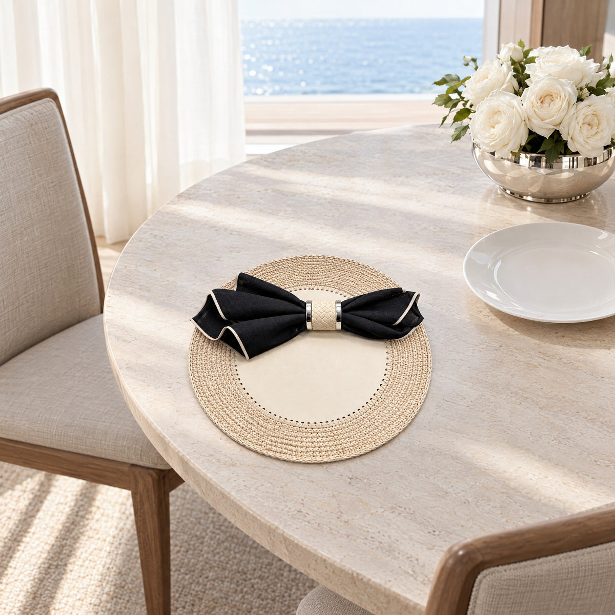 Round Full-Grain Leather Placemat – 36 cm — an anniversary lunch at the round table of the owner's private deck lounge