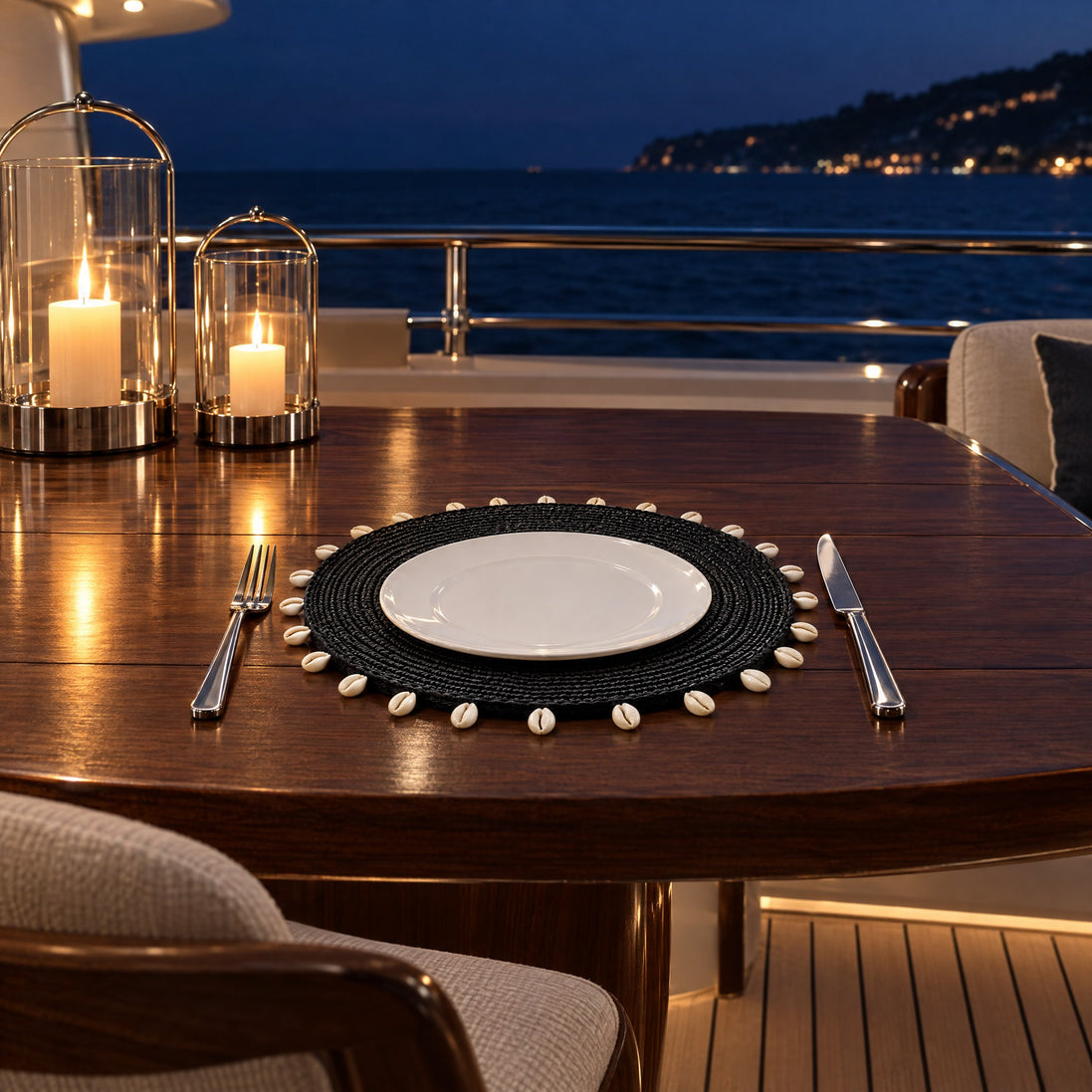 Seashell Round Woven Placemat – 36 cm — dinner under the stars on the foredeck