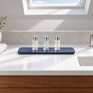 Slim Leather Tray – 47.5 cm — a guest bathroom with a long floating teak vanity and a white quartz basin