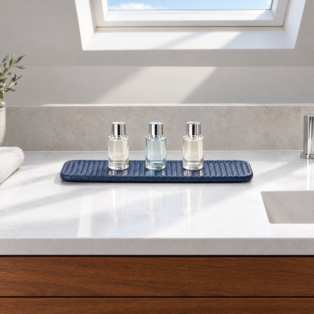 Slim Leather Tray – 47.5 cm — a guest bathroom with a long floating teak vanity and a white quartz basin