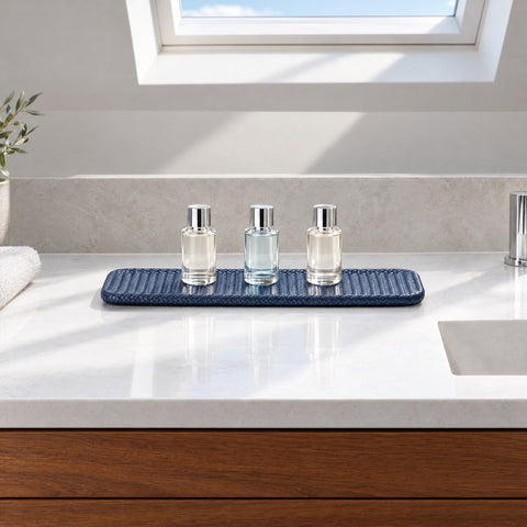 Slim Leather Tray – 47.5 cm — a guest bathroom with a long floating teak vanity and a white quartz basin