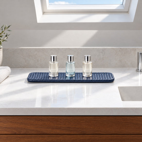 Slim Leather Tray – 47.5 cm — a guest bathroom with a long floating teak vanity and a white quartz basin
