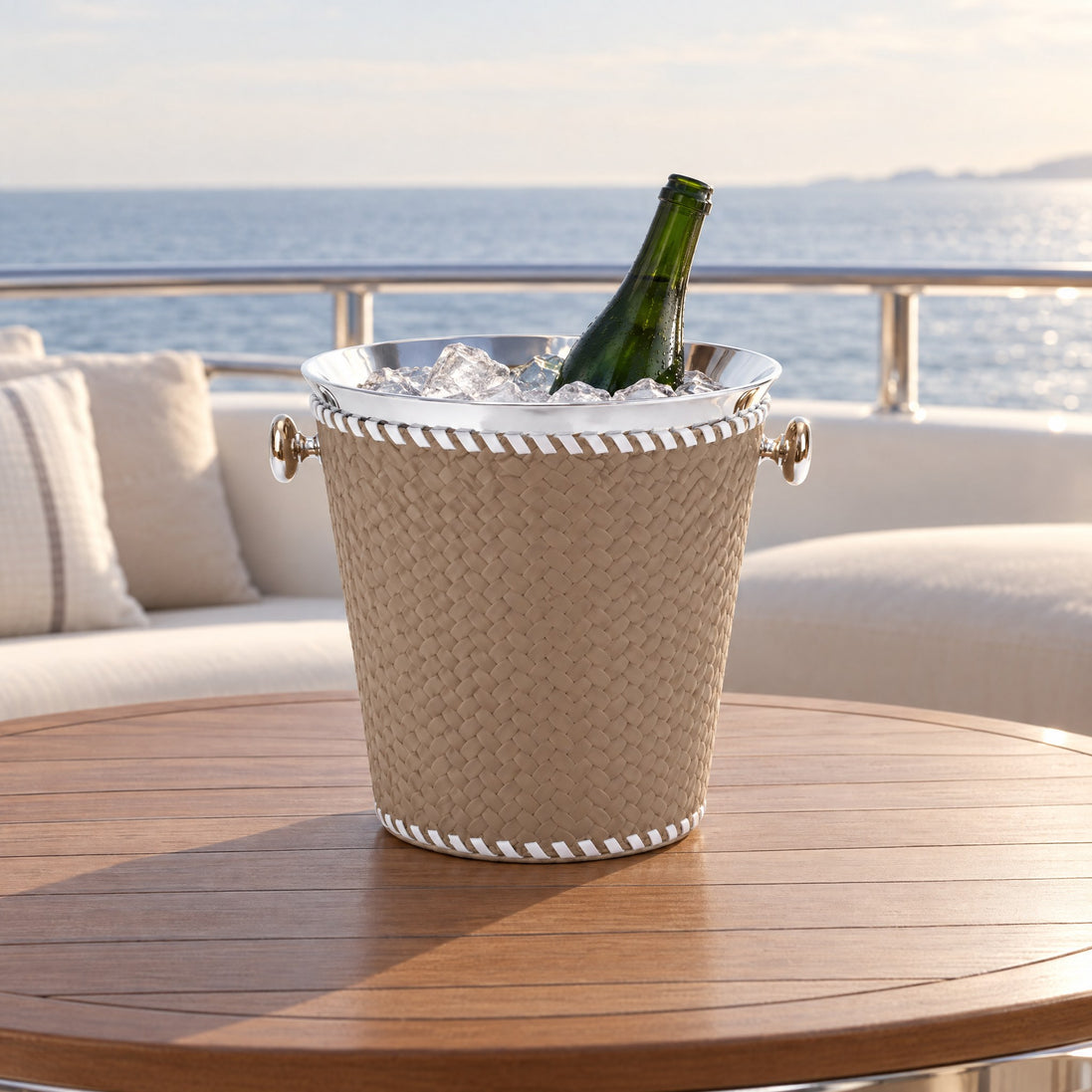 Leather-Wrapped Stainless Steel Champagne Bucket — in a yacht setting
