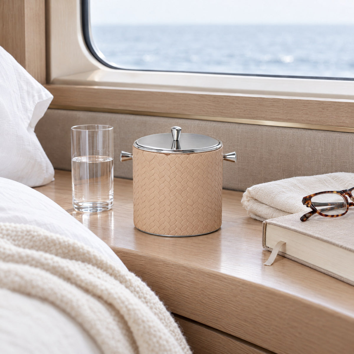 Leather-Wrapped Stainless Steel Ice Bucket – Mini — early morning in the owner's cabin