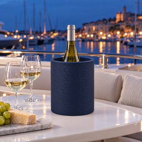 Leather-Wrapped Stainless Steel Wine Cooler – Single Bottle, navy — blue hour on the aft deck, moored stern-to on a Mediterranean quay