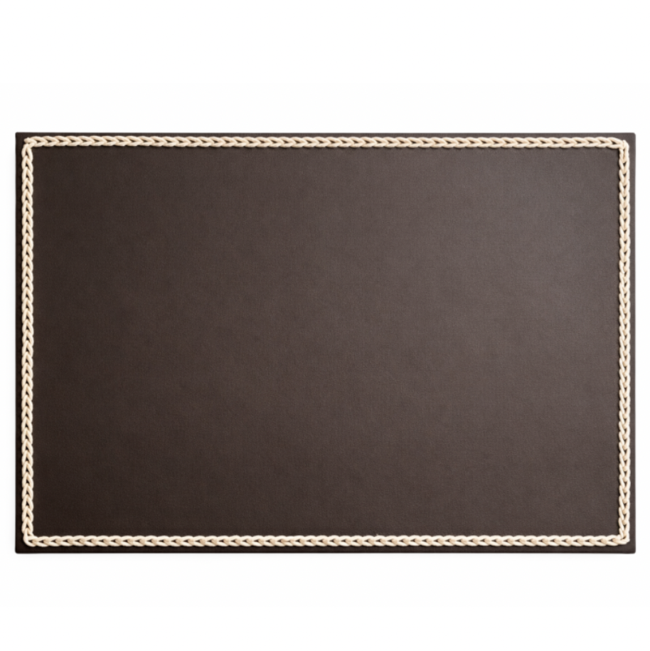 Brown leather placemat with piped braid border, 40 x 30 cm