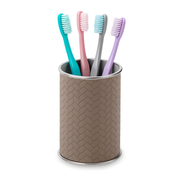 Leather-wrapped stainless steel brush holder on a white ground