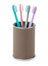 Leather-wrapped stainless steel brush holder on a white ground