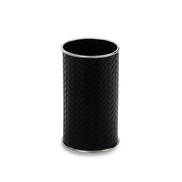 Black leather-wrapped brush holder with steel rim