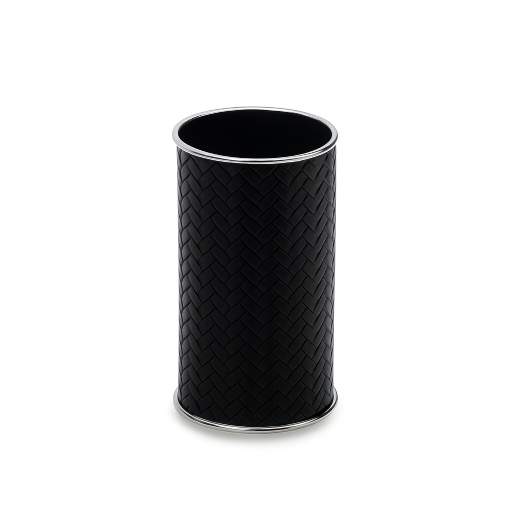 Black leather-wrapped brush holder with steel rim