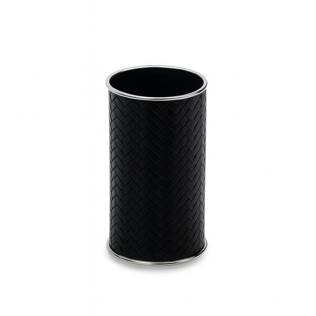 Black leather-wrapped brush holder with steel rim
