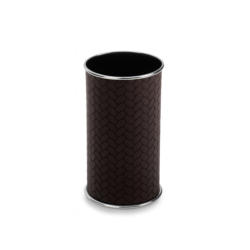Brown leather brush holder with polished steel base