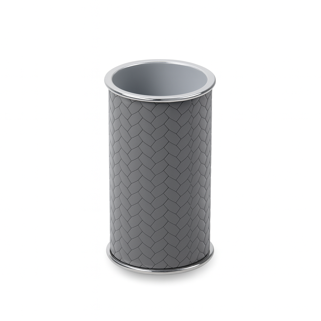 Grey leather brush holder, stainless steel body